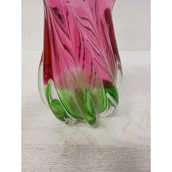 VTG Watermelon Twist Pink Green Art Glass Hand Blown Murano Style Vase 7.5" - Picture 4 of 10